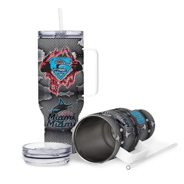 custom miami marlins superman shield blue gray curved tumbler high quality 1.webp