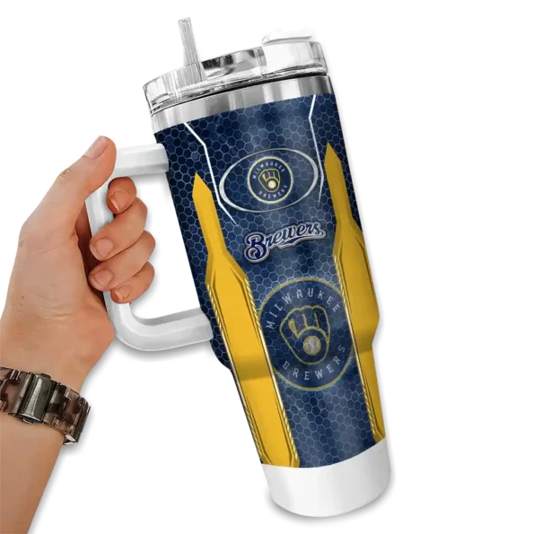 custom milwaukee brewers hexagon armor navy blue curved tumbler fashion forward 1.webp