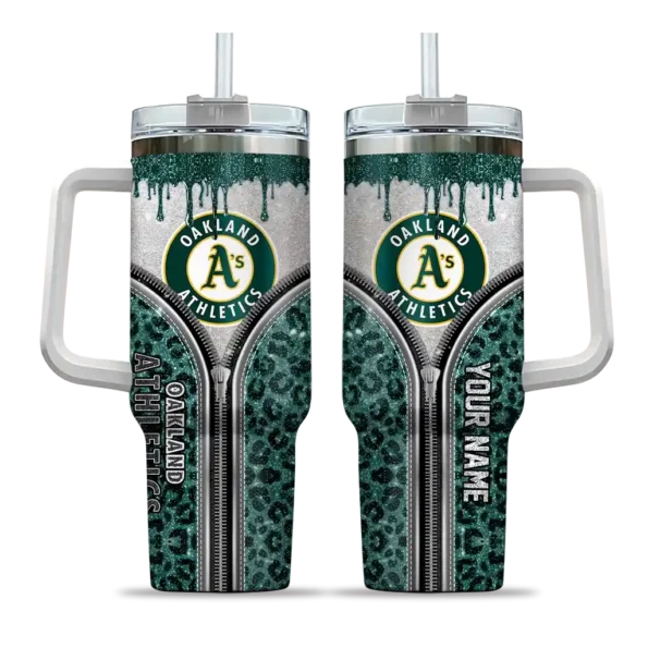 custom oakland athletics leopard zipper green curved tumbler best selling 1.webp