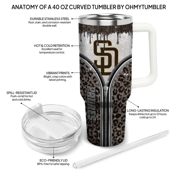 custom san diego padres leopard zipper brown curved tumbler new arrival 1.webp