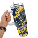 customized milwaukee brewers abstract paths navy blue curved tumbler best selling 1.webp