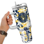 customized milwaukee brewers camo mashup navy blue white curved tumbler best selling 1.webp