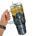 customized milwaukee brewers chevron stripe navy blue curved tumbler best selling 1.webp