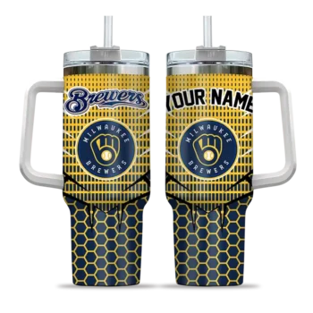 customized milwaukee brewers hex texture navy blue curved tumbler best selling 1.webp