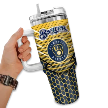 customized milwaukee brewers hex texture navy blue curved tumbler fashion forward 1.webp