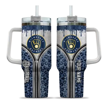 customized milwaukee brewers leopard zipper navy blue curved tumbler best selling 1.webp