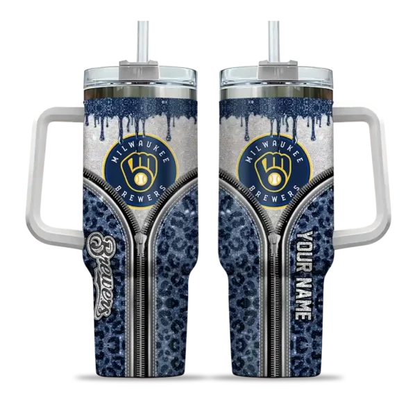 customized milwaukee brewers leopard zipper navy blue curved tumbler best selling 1.webp