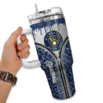 customized milwaukee brewers leopard zipper navy blue curved tumbler best selling 1.webp