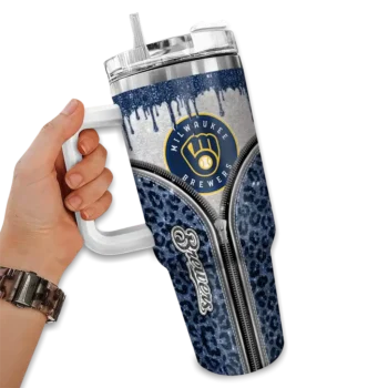 customized milwaukee brewers leopard zipper navy blue curved tumbler fashion forward 1.webp