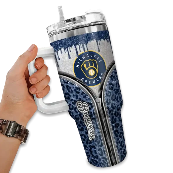 customized milwaukee brewers leopard zipper navy blue curved tumbler fashion forward 1.webp