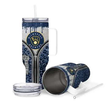 customized milwaukee brewers leopard zipper navy blue curved tumbler high quality 1.webp
