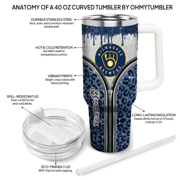 customized milwaukee brewers leopard zipper navy blue curved tumbler new arrival 1.webp