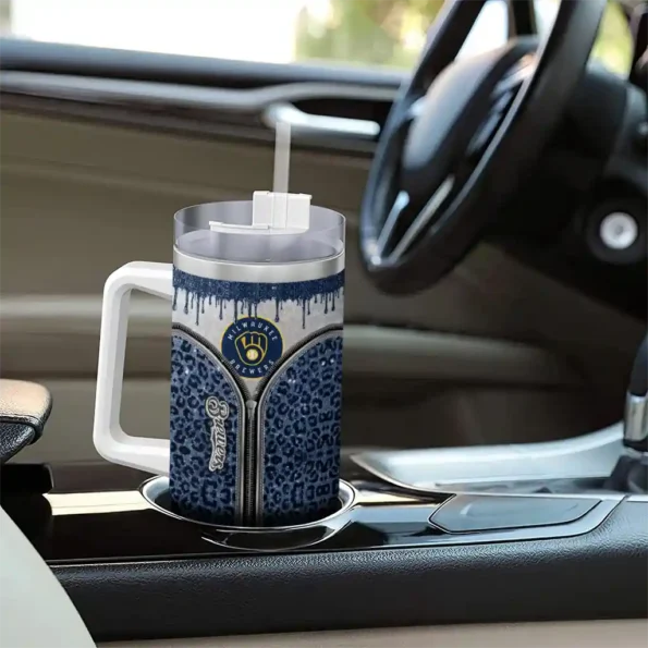 customized milwaukee brewers leopard zipper navy blue curved tumbler trendy 1.webp