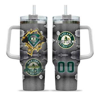 customized oakland athletics superman shield green gray curved tumbler best selling 1.webp