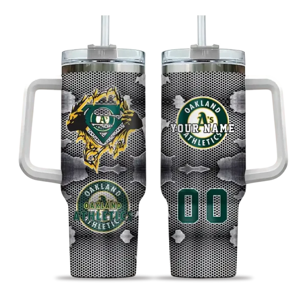 customized oakland athletics superman shield green gray curved tumbler best selling 1.webp