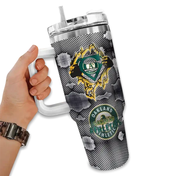 customized oakland athletics superman shield green gray curved tumbler fashion forward 1.webp