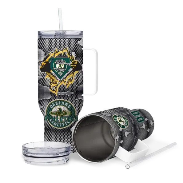 customized oakland athletics superman shield green gray curved tumbler high quality 1.webp