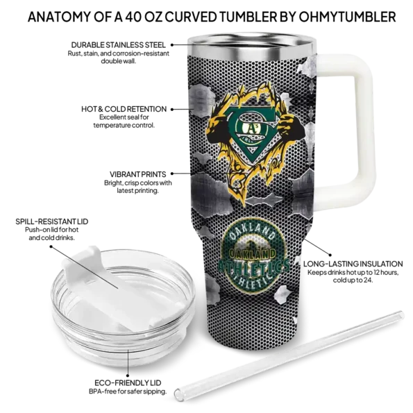 customized oakland athletics superman shield green gray curved tumbler new arrival 1.webp