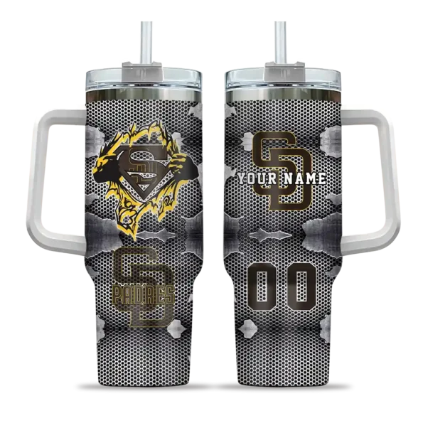 customized san diego padres superman shield brown gray curved tumbler best selling 1.webp