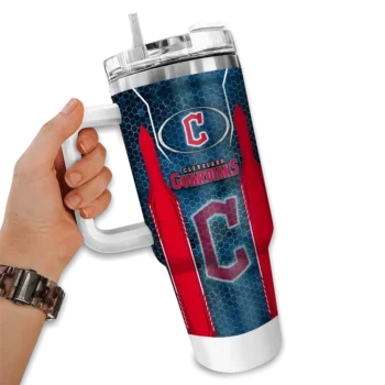 personalized cleveland guardians hexagon armor navy blue curved tumbler fashion forward 1 1.webp