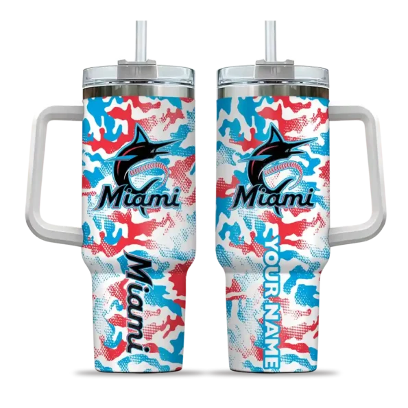 personalized miami marlins camo mashup blue white curved tumbler best selling 1 1.webp
