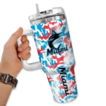 personalized miami marlins camo mashup blue white curved tumbler best selling 1 1.webp