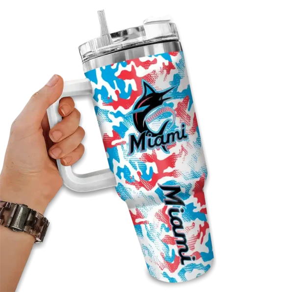 personalized miami marlins camo mashup blue white curved tumbler fashion forward 1 1.webp