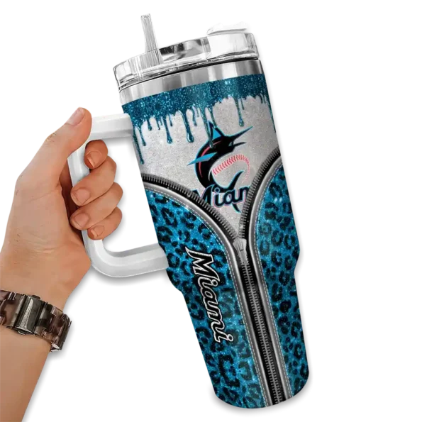 personalized miami marlins leopard zipper blue curved tumbler fashion forward 1 1.webp