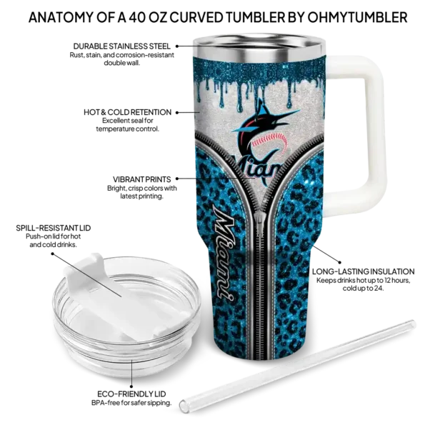 personalized miami marlins leopard zipper blue curved tumbler new arrival 1 1.webp