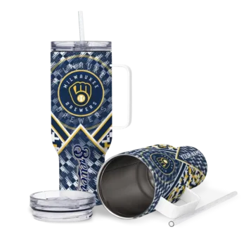 personalized milwaukee brewers chevron angle navy blue curved tumbler high quality 1.webp