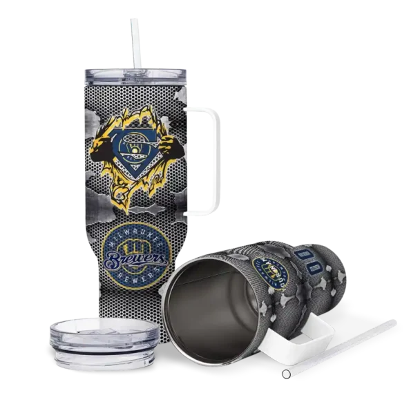 personalized milwaukee brewers superman shield navy blue gray curved tumbler high quality 1.webp