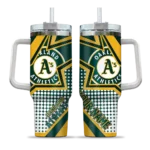 personalized oakland athletics arrow burst green curved tumbler best selling 1.webp