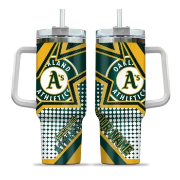 personalized oakland athletics arrow burst green curved tumbler best selling 1.webp