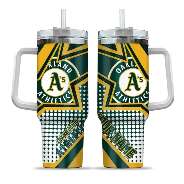 personalized oakland athletics arrow burst green curved tumbler best selling 1.webp