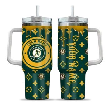 personalized oakland athletics bullseye drips green curved tumbler best selling 1.webp
