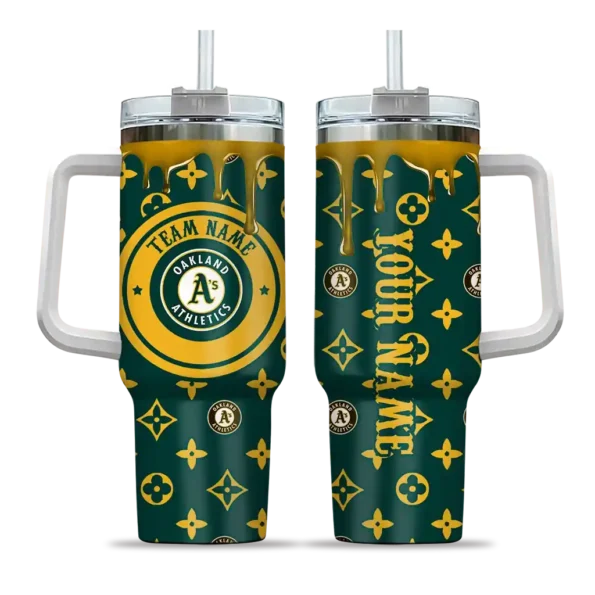 personalized oakland athletics bullseye drips green curved tumbler best selling 1.webp
