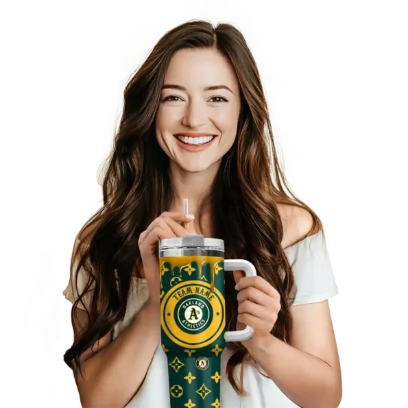personalized oakland athletics bullseye drips green curved tumbler premium grade 1.webp