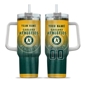 personalized oakland athletics gradient dots green curved tumbler best selling 1.webp
