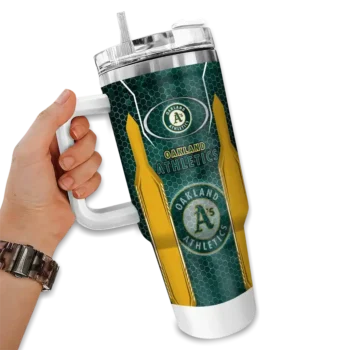 personalized oakland athletics hexagon armor green curved tumbler fashion forward 1.webp
