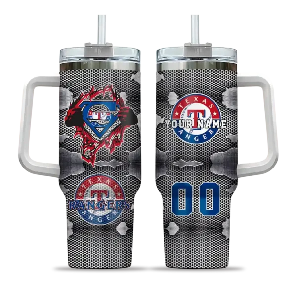 personalized texas rangers superman shield blue gray curved tumbler best selling 1.webp