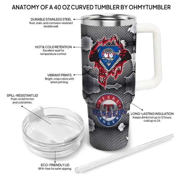 personalized texas rangers superman shield blue gray curved tumbler new arrival 1.webp