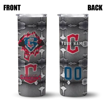 custom cleveland guardians chevron v navy blue gray skinny tumbler fashion forward.webp