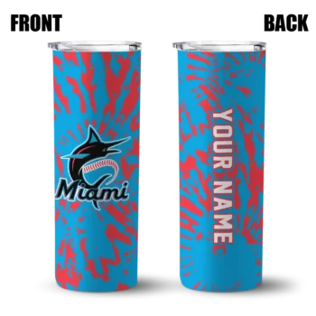 custom miami marlins metallic grid blue skinny tumbler fashion forward.webp