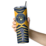 custom milwaukee brewers camo texture navy blue skinny tumbler best selling.webp