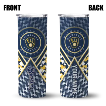 custom milwaukee brewers monogram burst navy blue white skinny tumbler fashion forward.webp
