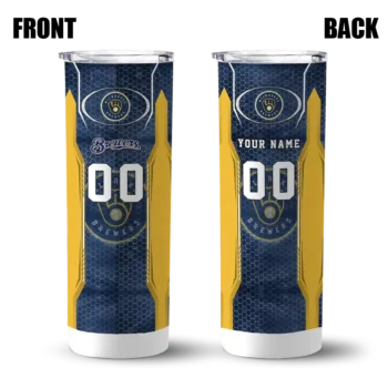 custom milwaukee brewers stacked diamond navy blue skinny tumbler fashion forward.webp