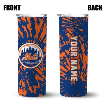 custom new york mets metallic grid blue skinny tumbler fashion forward.webp