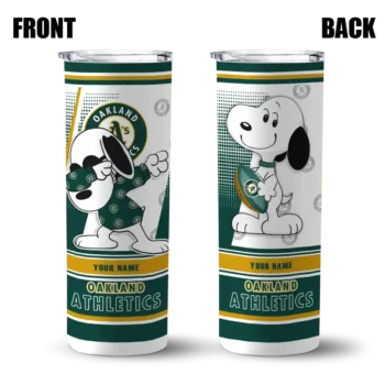 custom oakland athletics snoopy dog green white skinny tumbler fashion forward.webp
