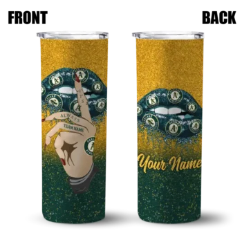 custom oakland athletics sparkle lips green skinny tumbler fashion forward.webp