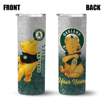 custom oakland athletics winnie the pooh green gray skinny tumbler fashion forward.webp